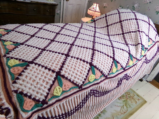 cozy rosettes plush Vintage full size chenille bedspread, quality cotton thick tufts