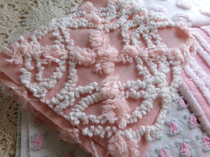tickle me pink chenille fabric squares, set of 4 vintage large quilt blocks 12" inches ea, rosebud, pops, stripes, infinity tuft