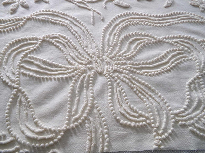 Exquisite Heirloom Vintage Chenille Fabric Piece, Large Bow & Lily Flowers in Antique Cream, 23" x 37" inch piece, lovely for a wall hanging