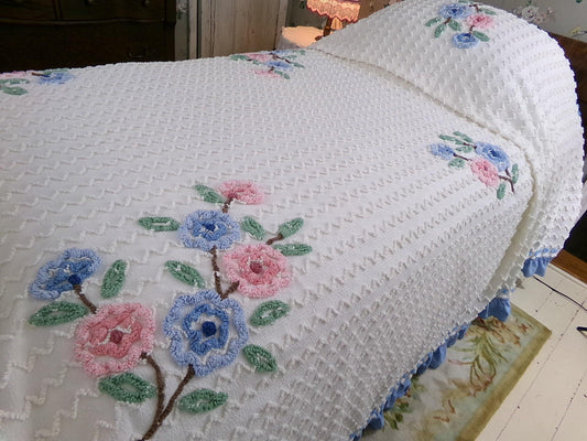 beach cottage seersucker vintage bedspread with tufted chenille zig zags, pink & blue flowers, ruffle accent, twin or full size bedding