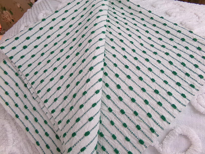 preppy kelly green textured fabric piece, vintage chenille raindrop dots on white woven cotton, great in quilts, xmas stockings, 20" x 25"