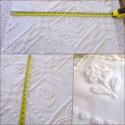 White Vintage Chenille Fabric, 24" x 26" Piece, Versatile Cottage Style Daisy Tulip Design, 100% Lightweight Cotton Quilt Material