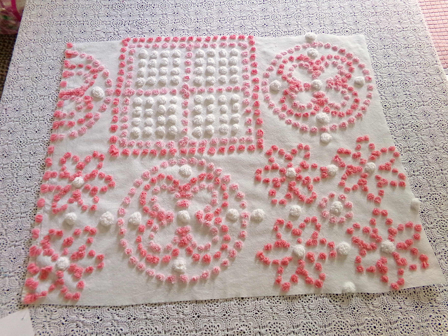 Spunky Daisy Medley Vintage Chenille Fabric, 23" x 18" inch handtufted antique Pink Pops piece, Fun in DIY Pillows