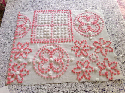 Spunky Daisy Medley Vintage Chenille Fabric, 23" x 18" inch handtufted antique Pink Pops piece, Fun in DIY Pillows