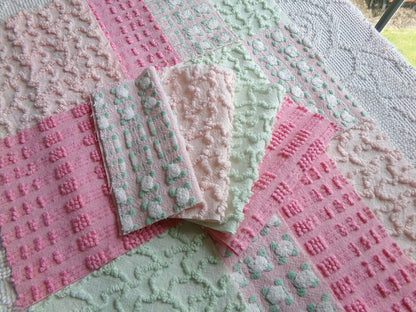 phantom rose 6" chenille squares, green, pink, white rosebud, set of 16 quilt blocks rotary cut from vintage chenille bedspread fabrics
