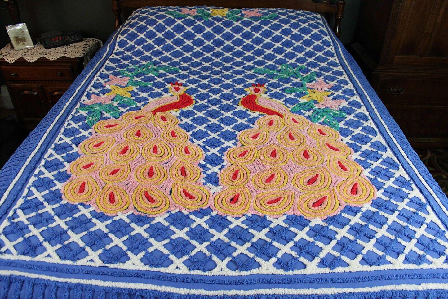 Royal Blue Vintage Peacock Chenille Bedspread, Bold Tropical Floral Colors, FULL Sz