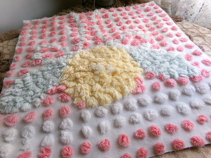 Precious Pink Pops Vintage Chenille Fabric, 15" x 28" Inch Piece, 100% Cotton, Antique Handtufted Plush Flower, Great for DIY Pillows