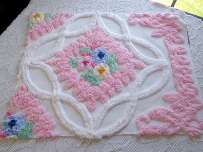heavenly cottage chic vintage chenille fabric, heavy tufted frosted wedding cake floral 17" x 23" inch piece of pink & white sewing material