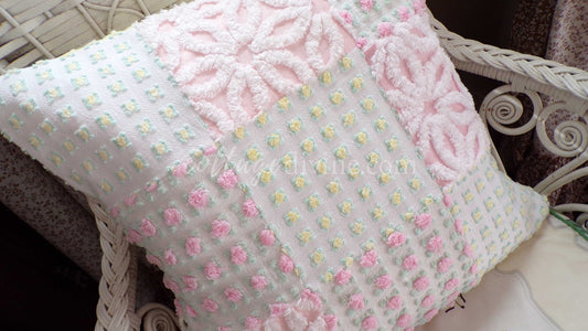 Daisy Rose Cottage Chic Chenille Pillow Cover 16" x 16" inch Square, Vintage REVERSIBLE Accent Pillow, Pink & Yellow Patchwork Design