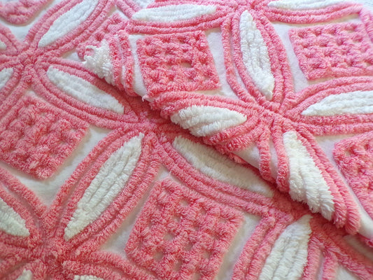 Super Plush Pink & White Chenille Fabric, 18" x 24"-inch Piece, Geometric Print, Vintage 100% Cotton