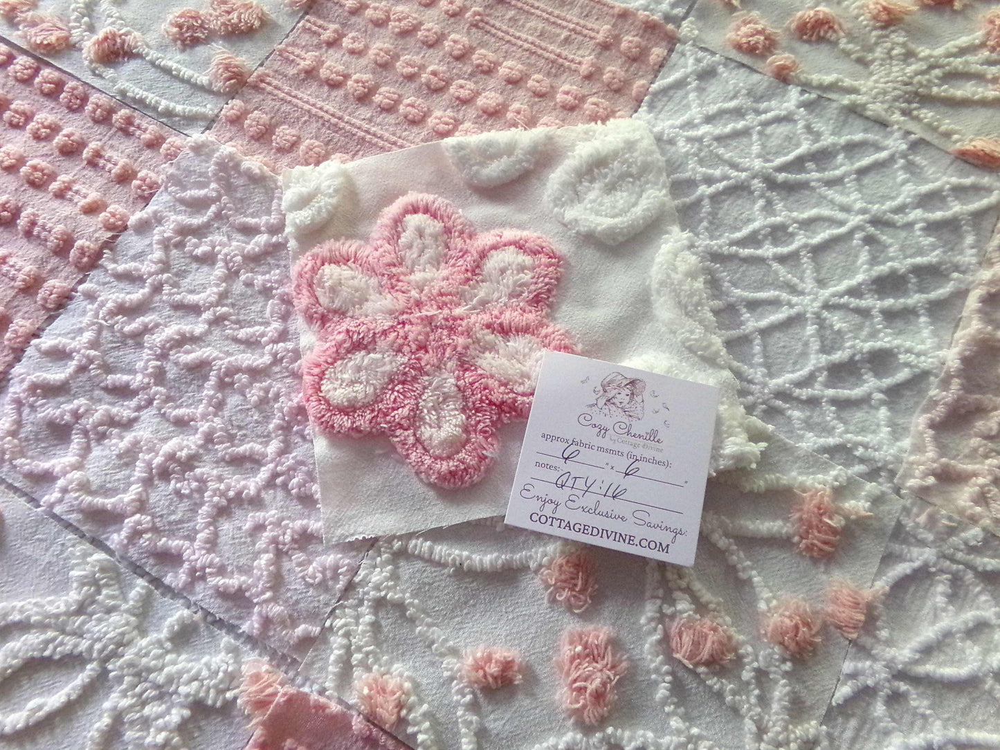 Think Pink Chenille Fabric Squares Set, 17 Vintage Quilt Blocks, 6" inch in Pinks & White