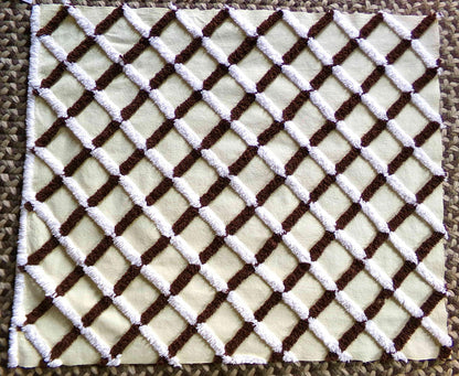 Buttery Yellow Chenille Crosshatch Fabric, Wide Tufted Chocolate Brown & White Lines, 20" x 25" inch Vintage MCM Cotton Material