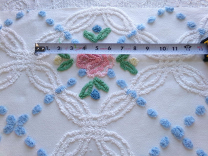 favorite cottage style vintage chenille fabric, pink roses & blue dots, 20" x 27" piece of white sewing material for quilting and crafts