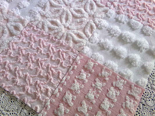 Whispertone Pink Quilt Squares Set from Vintage Chenille Bedspread Fabric, 16 Blocks, 6" x 6" inch