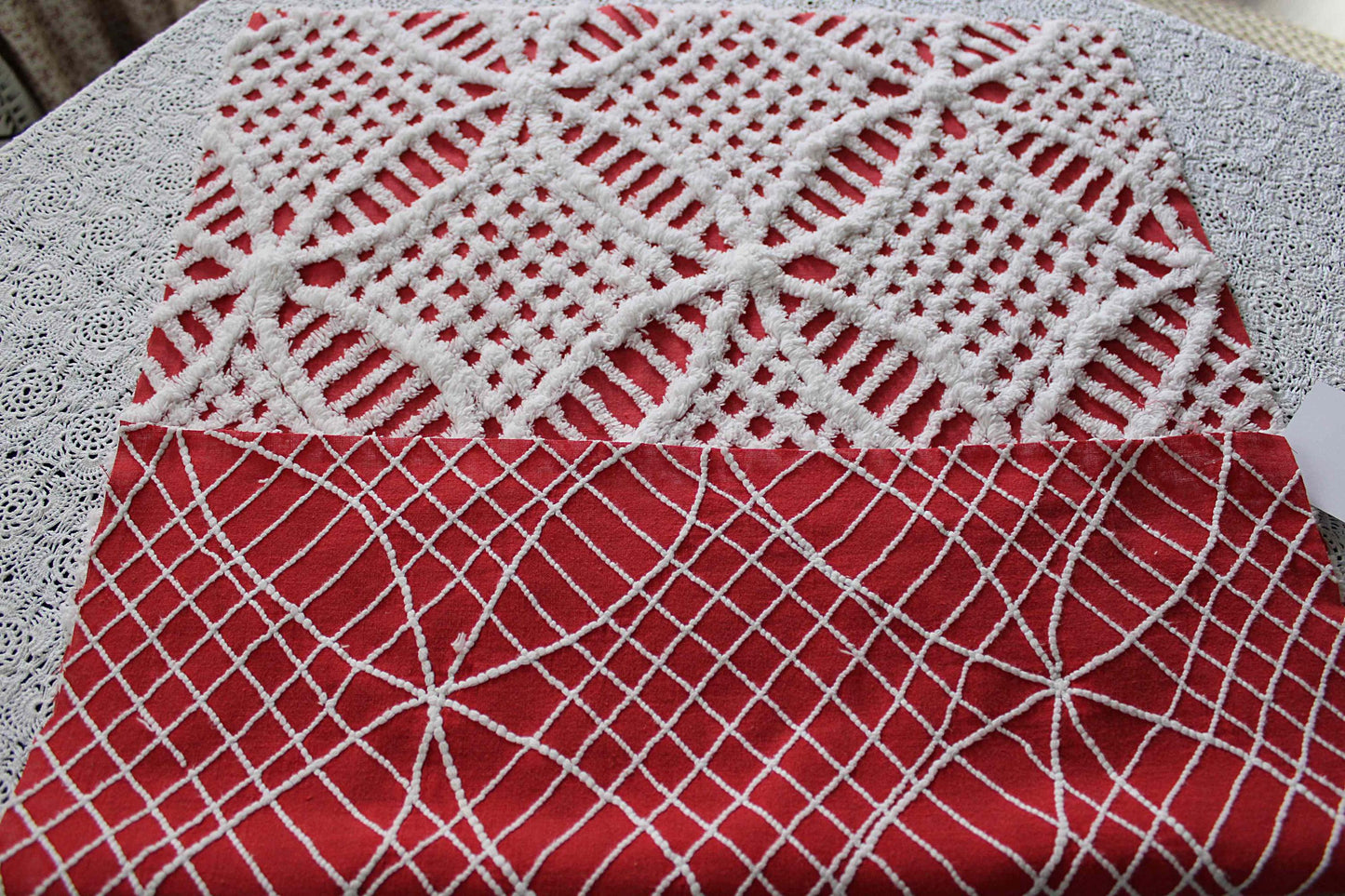 red & white chenille fabric, fun festive wedding rings, 19" x 27" inch piece, 100% lightweight cotton, great for vintage Christmas stockings