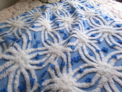 coastal chic blue vintage chenille fabric, white tufted spider rings & little pops, 24" x 18" inch piece