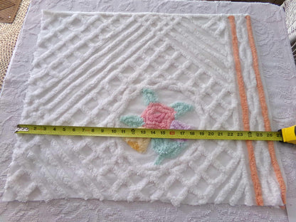 pastel springtime flower bouquet in tufted white webbed chenille, 21" x 25" inch vintage fabric piece