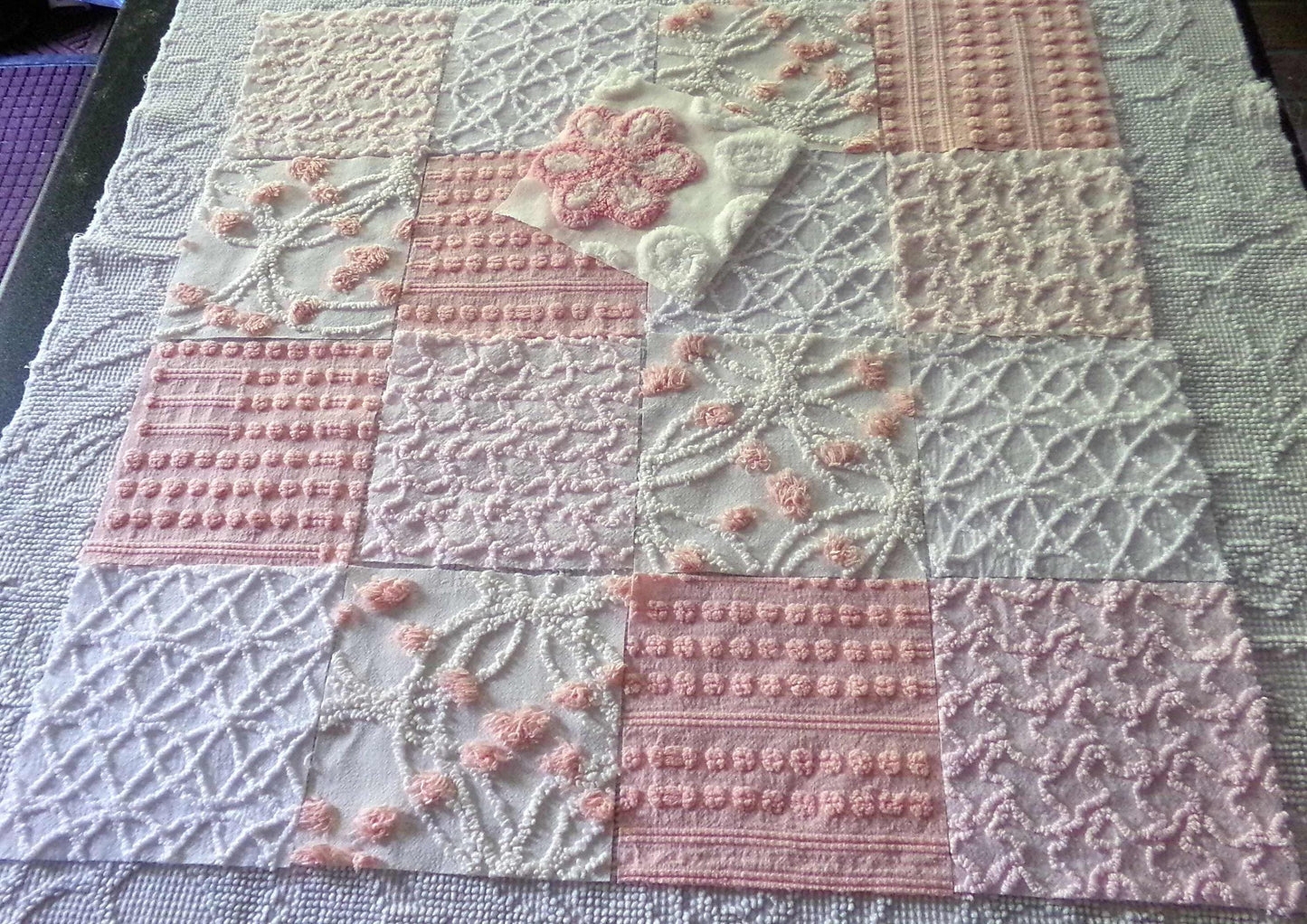 Think Pink Chenille Fabric Squares Set, 17 Vintage Quilt Blocks, 6" inch in Pinks & White