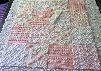 Think Pink Chenille Fabric Squares Set, 17 Vintage Quilt Blocks, 6" inch in Pinks & White