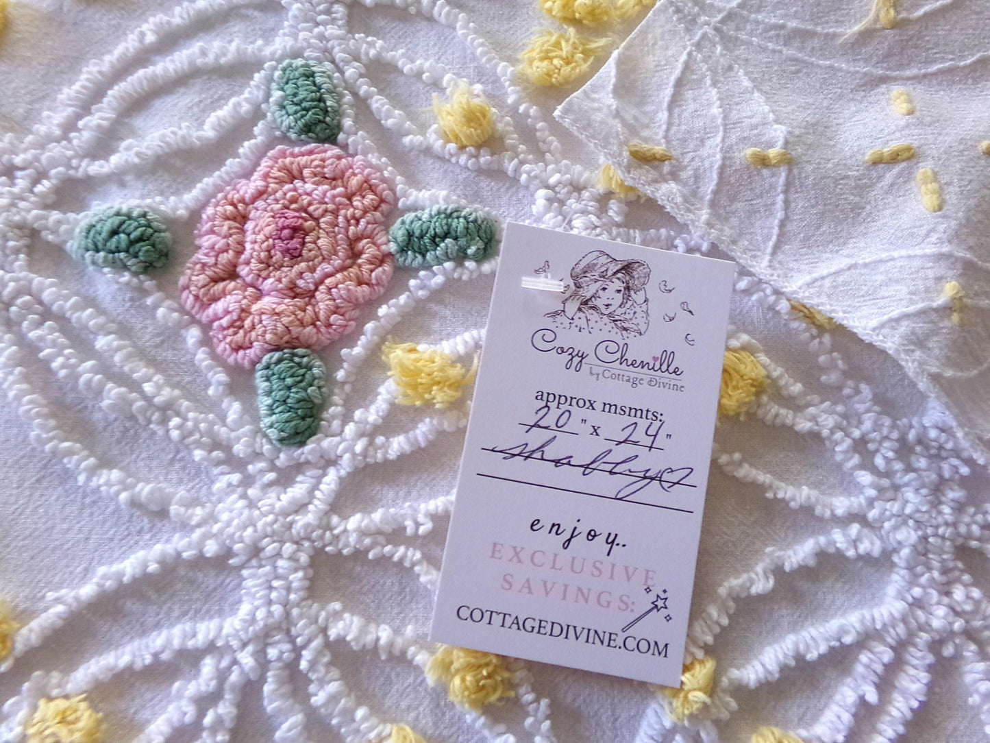 pink roses chenille fabric with goldenrod yellow pops, shabby chic vintage 20" x 24" inch piece of quilt material