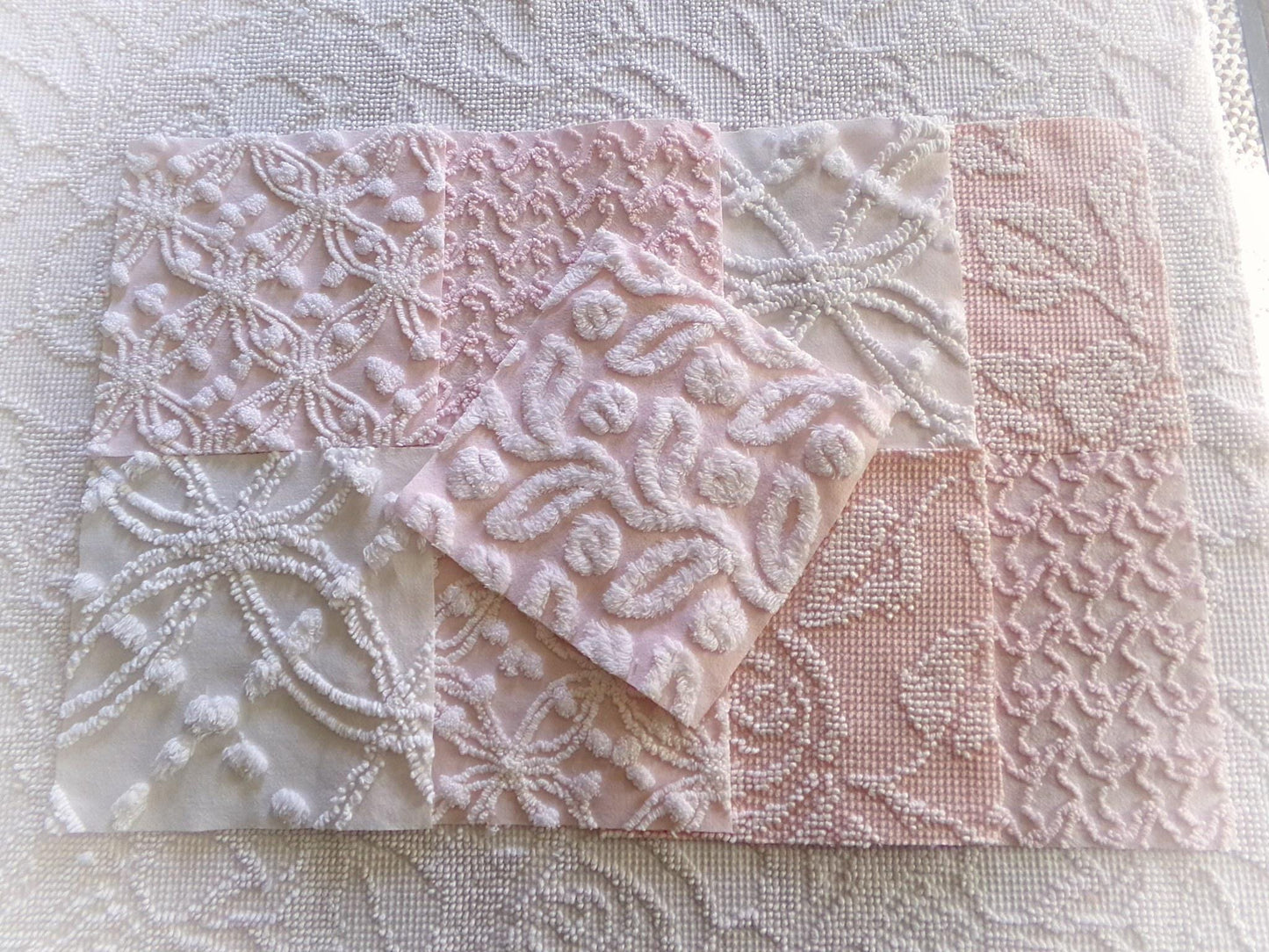 vintage chenille fabric squares in classic feminine pink & white textures, 7.5" vintage fabric blocks, set of 9 for sewing, crafts, quilts