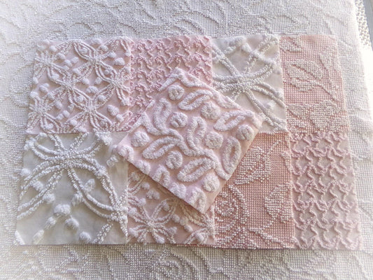 vintage chenille fabric squares in classic feminine pink & white textures, 7.5" vintage fabric blocks, set of 9 for sewing, crafts, quilts