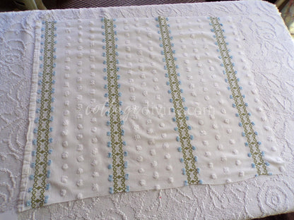 abstract blue rosebud vintage chenille fabric piece in climbing green ivy design with white pops, 26" x 22" piece of craft & quilt material