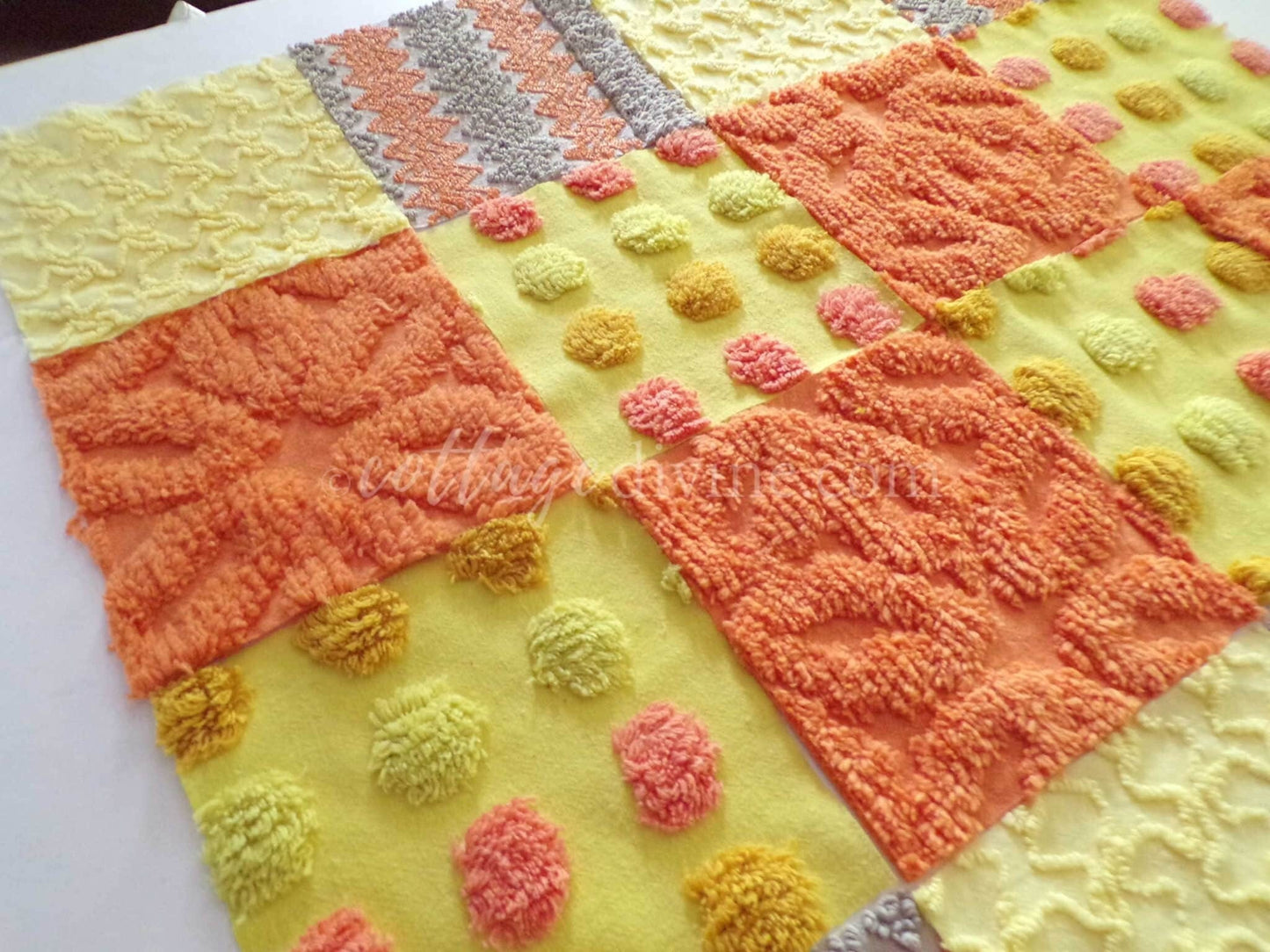 Retro Hippie Quilt Squares Set, from Vintage Chenille Bedspread Fabric, 16 Blocks, 6" x 6" inch