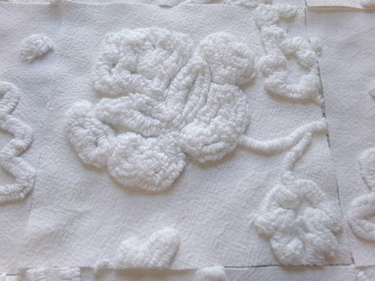 Vintage Chenille Fabric Squares in Winter Garden White Florals from Vintage Bedspread Fabric, Set of 16 Quilt Blocks, 6" x 6" inch