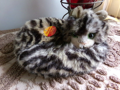Vintage STEIFF Kitten Unique Curled Up Tabby Cat 074189 with Button, Tags