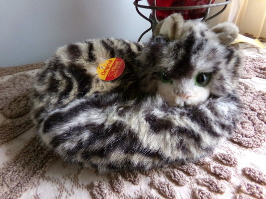 Vintage STEIFF Kitten Unique Curled Up Tabby Cat 074189 with Button, Tags