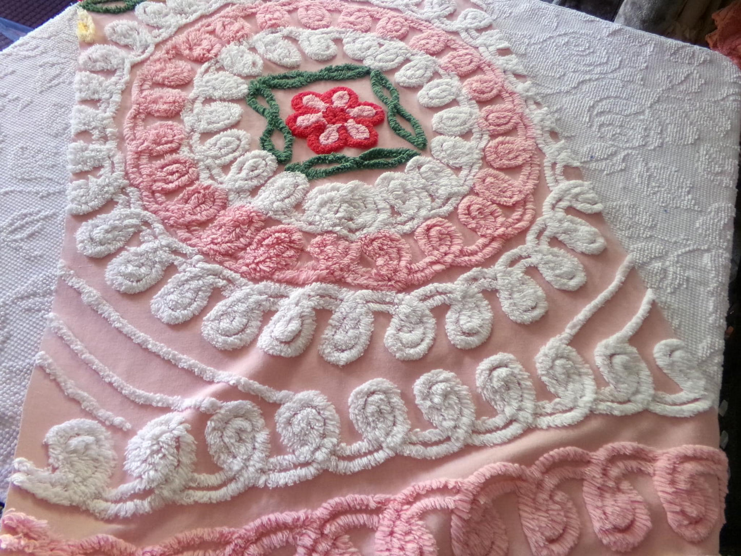 beautiful shabby pink vintage chenille fabric, frosted wedding cake design with rose flower, 20" x 31" inch piece of sewing material