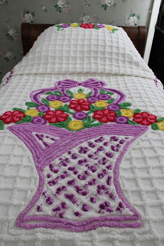 Happy Vintage Full Size Chenille Bedspread, Colorful Rainbow Flower Basket & Large Hearts