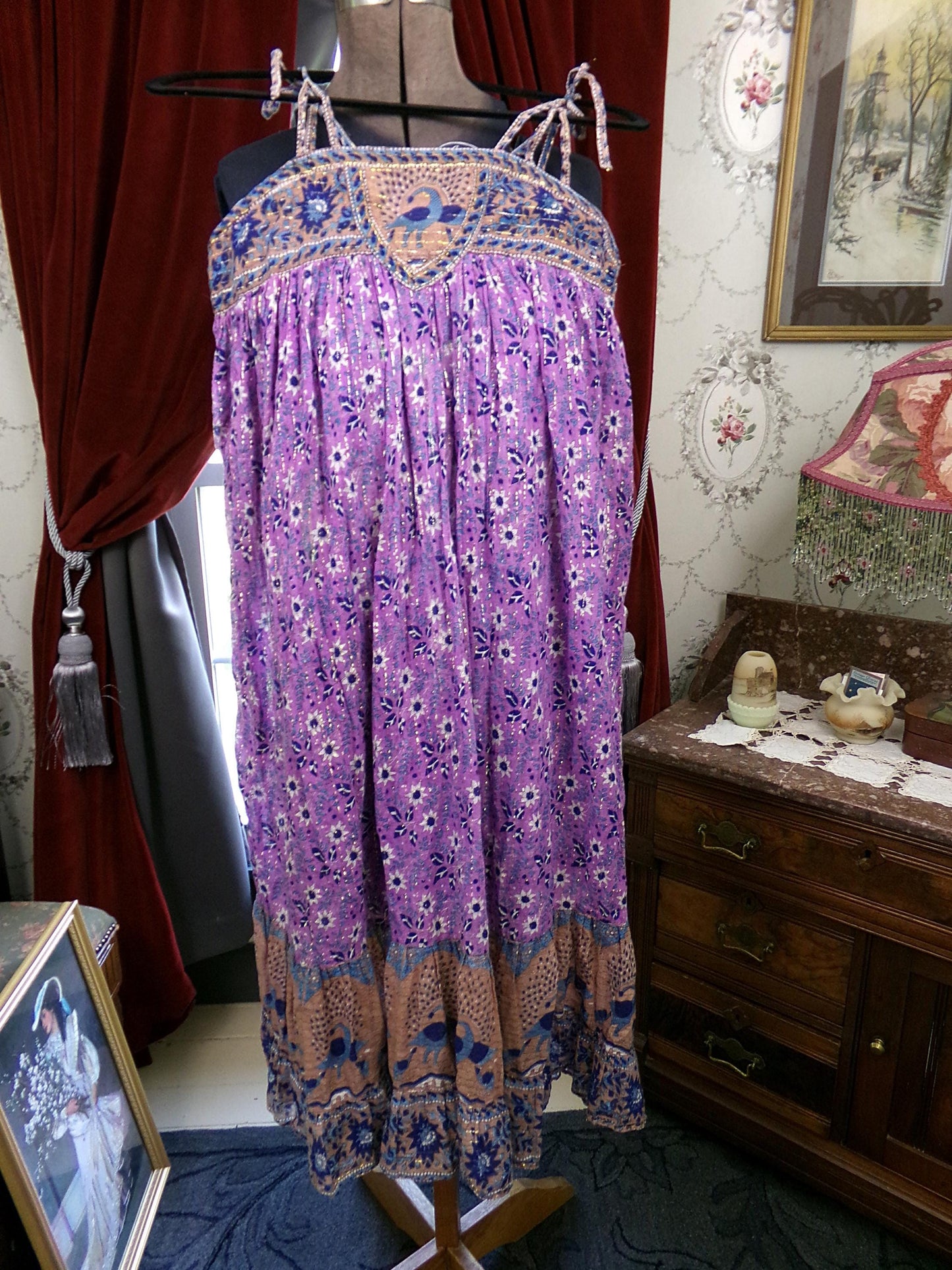vintage Starina Creation Paris dress, rare 1970s boho peacock print, gold thread floral pattern, midi length gauze cotton India sundress, S