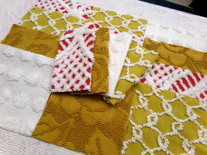 Vintage Chenille Fabric Squares - Set of 16 - Sporty Gold, White & Red - 6" Quilt Blocks