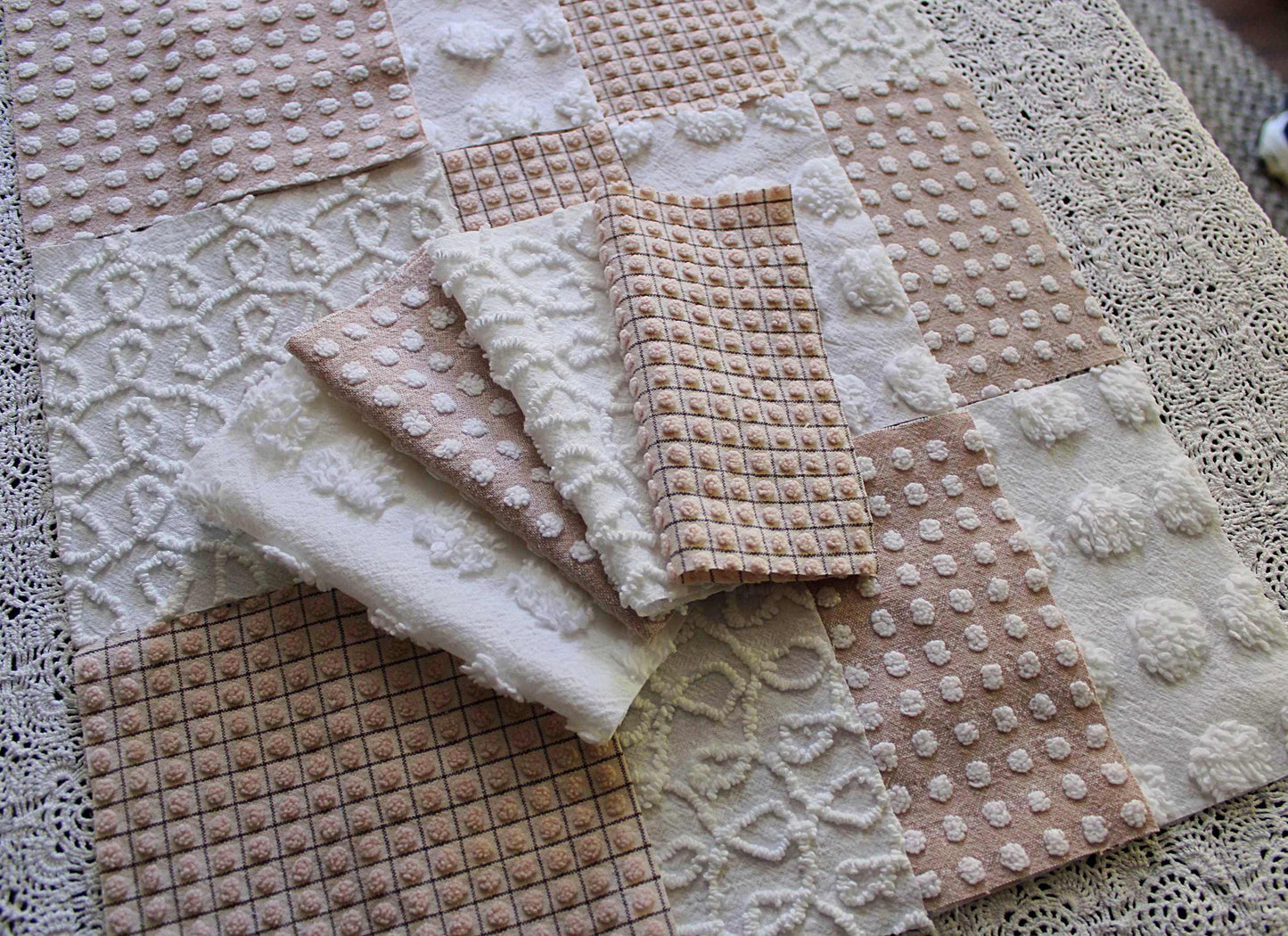Trendy Neutral Chenille Squares, Vintage Meets Modern Craft Quilt Square Set from Vintage Bedspread Fabric, 16 Blocks, 6" x 6" inch