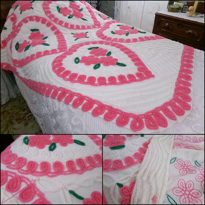 fairytale hearts vintage chenille bedspread, feminine pink & white sweetheart rose trios, romantic full size 100% cotton bedding