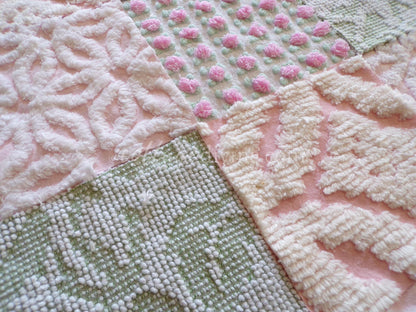 pink & green chenille fabric squares, set of 16 vintage quilt blocks 6" each, popular spring daisy, rosebud and hobnail patterns