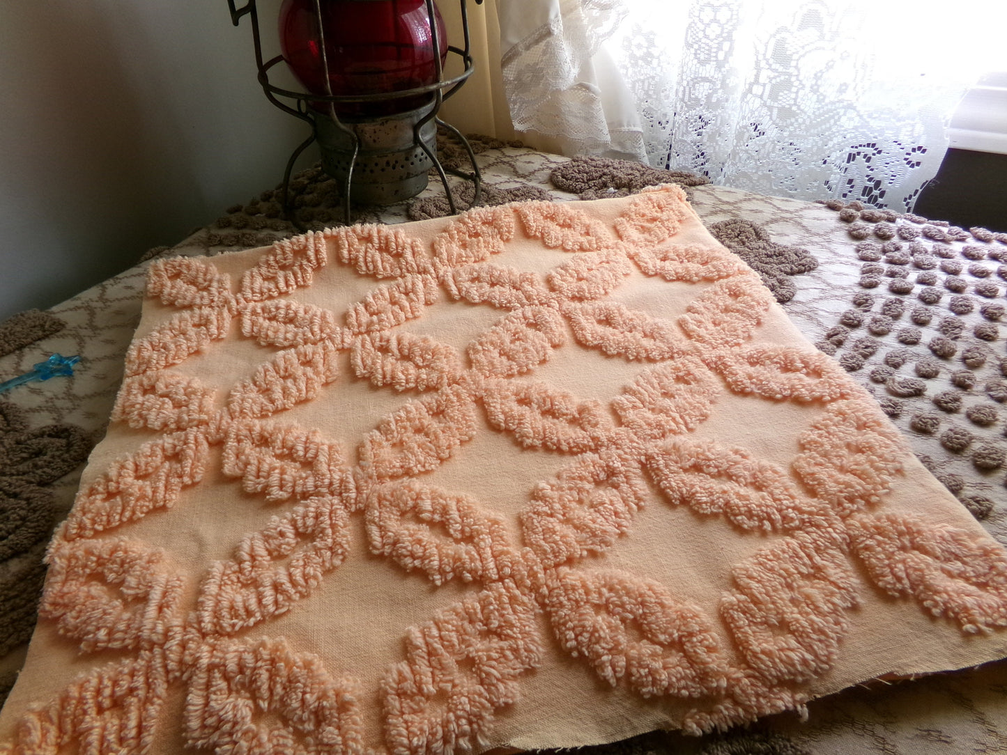 Peach Petals Vintage Chenille Quilt Fabric, 25" x 24" inch Piece, Raised Geometric Floral Pattern