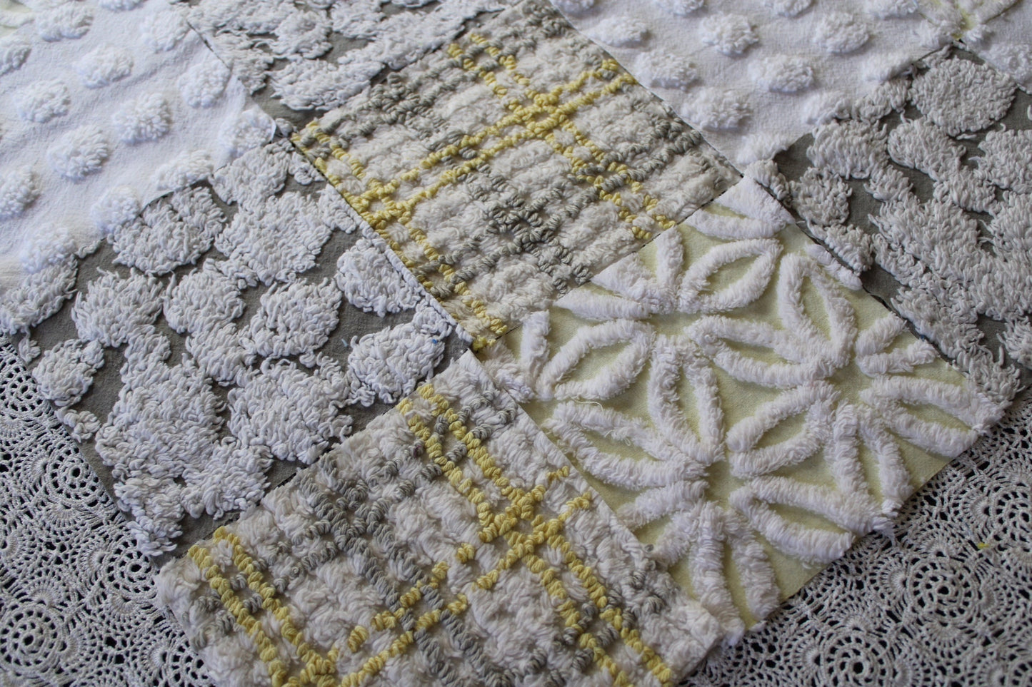 Sun & Clouds Chenille Quilt Squares Set, Rotary Cut from Vintage Chenille Bedspread Fabric, 17 Blocks, 6" x 6" inch each