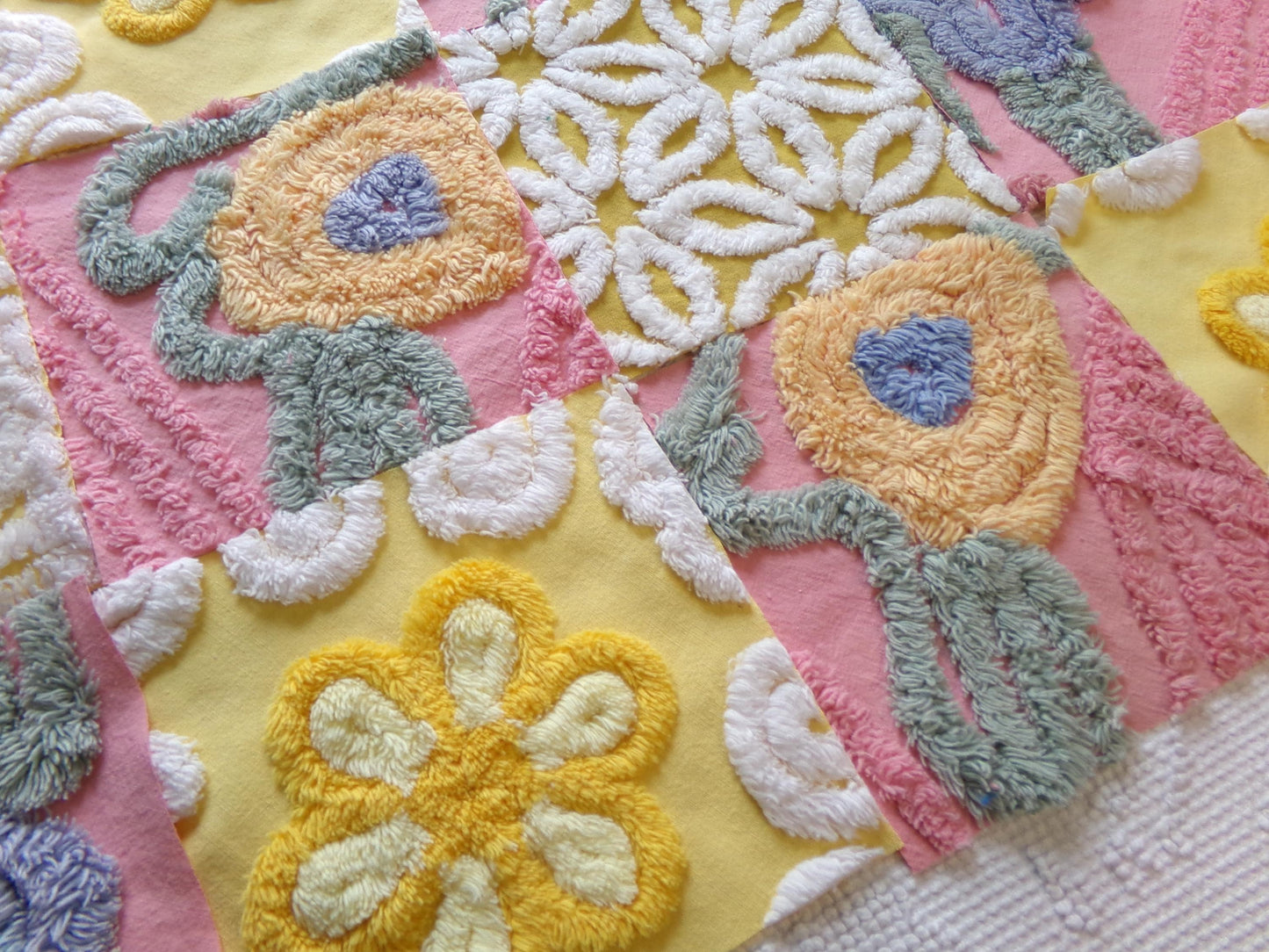 vintage chenille fabric squares, "buttercups & rose petals" set of 16 floral 6" quilt blocks in yellow flower, rose pink floral, gold daisy