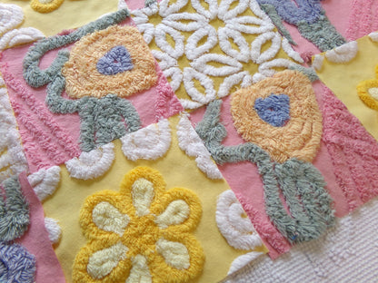 vintage chenille fabric squares, "buttercups & rose petals" set of 16 floral 6" quilt blocks in yellow flower, rose pink floral, gold daisy