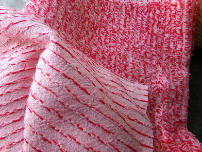 Peppered Red & White Skinny Stripes Fabric from Vintage Chenille Bedspread, 12" x 18" inch Piece, Fun and Festive