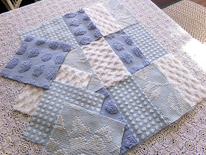 Cool Blues Chenille Fabric Squares for Quilting & Crafts in Vintage Blue, White - 16 Rotary Cut Blocks, 6" x 6" inch