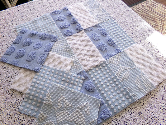 Cool Blues Chenille Fabric Squares for Quilting & Crafts in Vintage Blue, White - 16 Rotary Cut Blocks, 6" x 6" inch