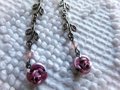 Simple Pink Rose Dangle Pierced Earrings, Vintage Silver Forest Boho Style Jewelry, Dainty Floral With Pink Faux Stones in Little Leaves