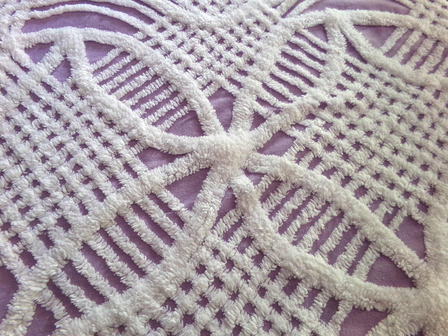 Lavender & White Vintage Chenille Fabric, 26" x 25" inch Piece, Geometric Wedding Ring Design