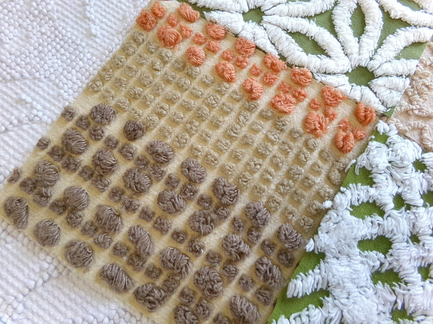 boho babe vintage chenille fabric squares, set of 16 earthtone olive, mocha, white quilt blocks 6" ea, for fiber arts, sewing, quilting