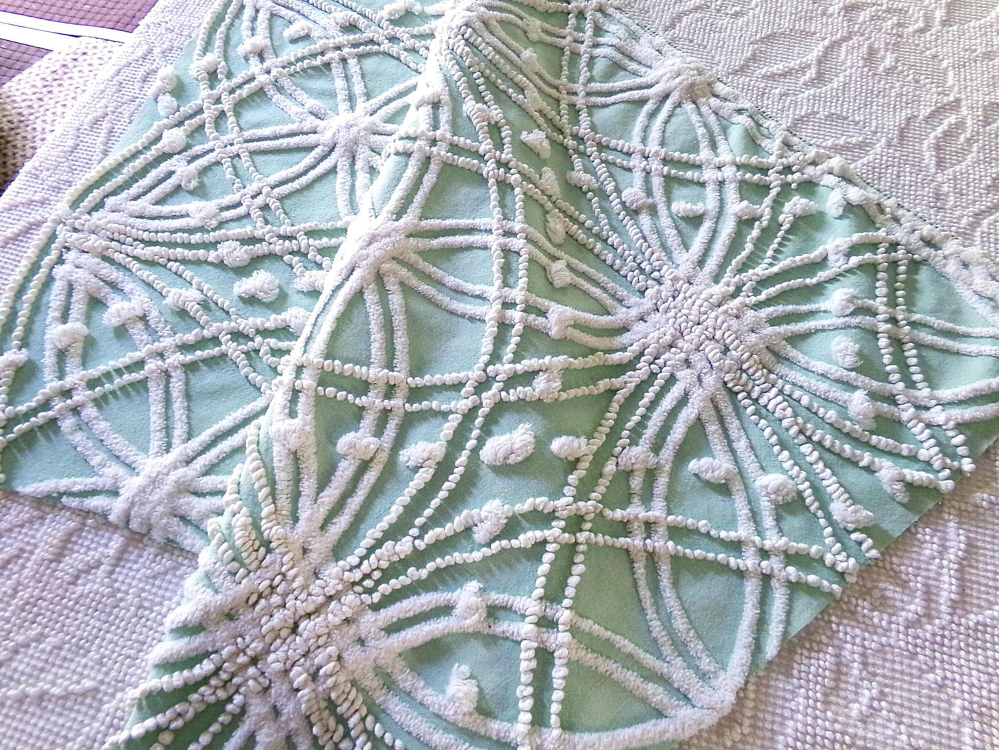 chic jade green vintage chenille fabric, white spider web design, 20" x 26" inch piece for quilting material & sewing