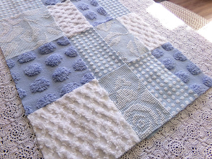 Cool Blues Chenille Fabric Squares for Quilting & Crafts in Vintage Blue, White - 16 Rotary Cut Blocks, 6" x 6" inch